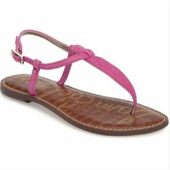 Sam Edelman Gigi Suede Pink Fuchsia T Strap Flat Sandal Thong Ankle Strap 7 - Picture 1 of 8
